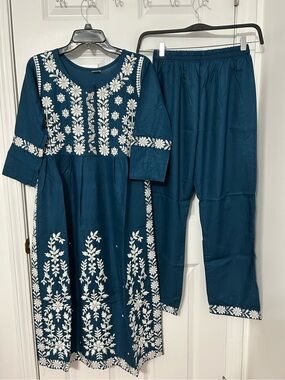 Indian Pakistani 2 piece stitched suit in blue and white